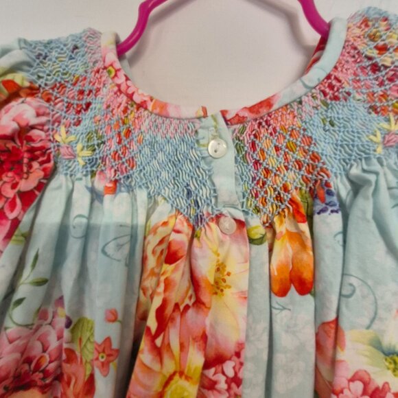 Girls Floral Smocked Dress With Puff Sleeves & Button Back Closure size 6x - Picture 6 of 8